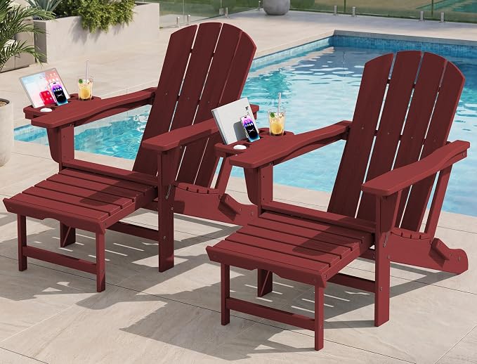 KINGYES Adjustable Folding Adirondack Chair with Footrest & 4-in-1 Multi-Functional Armrest Organizer Set of 2, HDPE Foldable Recliner Adirondack Chair with Pull-Out Ottoman, Red