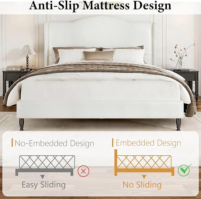 Upholstered Queen Bed Frame with Tall Headboard, Leather Platform Bed Frame with Wingback Sides, Wood Slats Support, Noise-Free Design, No Box Spring Needed, Easy Assembly, White