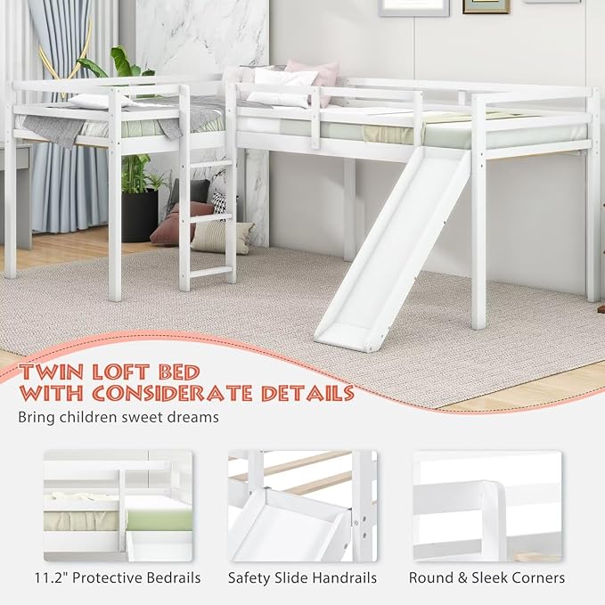Merax Twin Size Double Loft Bed with Slide and Ladder, Wooden L-Shaped Bed Frame with Full-Length Guardrail, Wood Bedframe for Kids Teens Adults Bedroom, 2 Twin Beds,White