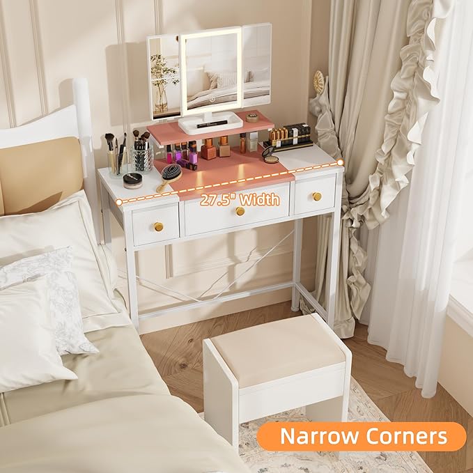 HIGDBFE Small Makeup Vanity Desk 27.5''W with Mirror and Lights, Vanity Desk with 3 Fabric Drawers and Height-Adjustable Stand, Vanity Table for Girls Gifts, Bedroom and Small Spaces, White&Pink