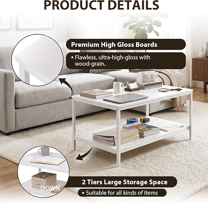 SUPER DEAL 2-Tier Industrial Coffee Table with Storage Shelf for Small Apartment Living Room, Rectangle Wood and Stable Metal TV Stand Side End Table, White Marble