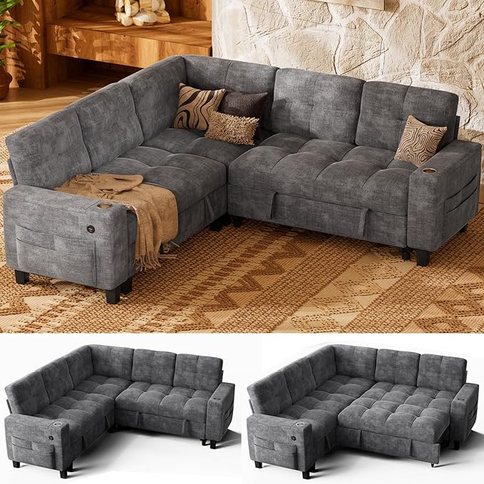 Marsail 84.6" Sectional Sleeper Sofa with Pull Out Bed, 5 Seat Modular Sectional Couch with Storage, USB & Cup Holders, Modern Chenille Cloud Sofa for Living Room, Light Gray