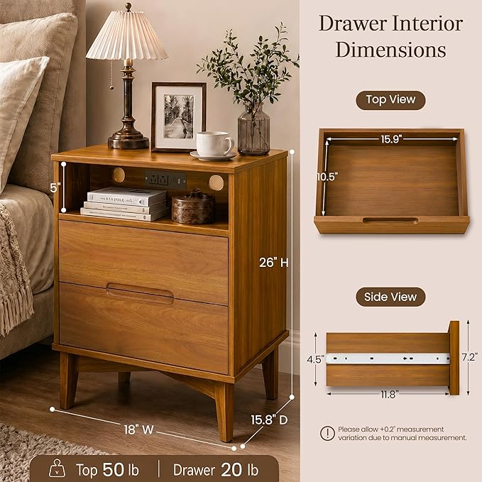 26" Tall Wood Nightstand Set of 2 with Charging Station & USB-C, Mid Century Modern Bedside Table with Solid Wood Legs, Caramel Walnut Finish with 2 Drawers