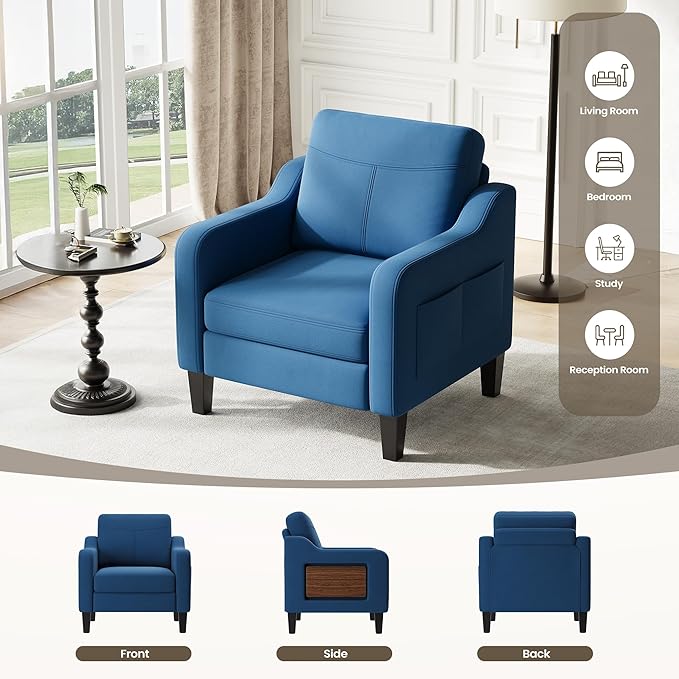 Accent Chair for Living Room Modern Linen Upholstered Armchair Side Wooden Fabric Sofa Chair with Foldable Table 2 Side Pockets Comfy Reading Chair for Bedroom
