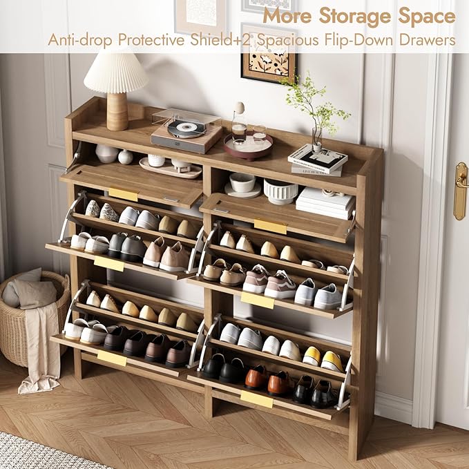 HOKYHOKY Large Rattan Shoe Storage Cabinet with 4 Flip Drawers & 2 Storages–Hidden Slim Shoe Organizer for Entryway, Large Tabletop Space, Farmhouse Boho Narrow Shoe Rack, Rustic Oak