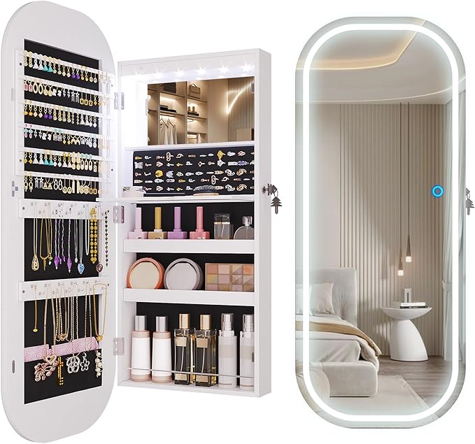LVSOMT LED Lights Mirror Jewelry Cabinet, Wall Mount/Over the Door Jewelry Armoire Organizer, 42" Full Length Mirror with Storage, Built-in Makeup Mirror, Lockable Mirror Cabinet for Jewelry, White