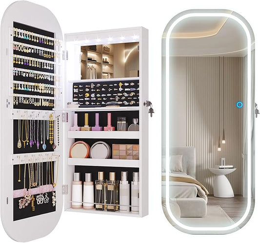 LVSOMT LED Lights Mirror Jewelry Cabinet, Wall Mount/Over the Door Jewelry Armoire Organizer, 42" Full Length Mirror with Storage, Built-in Makeup Mirror, Lockable Mirror Cabinet for Jewelry, White