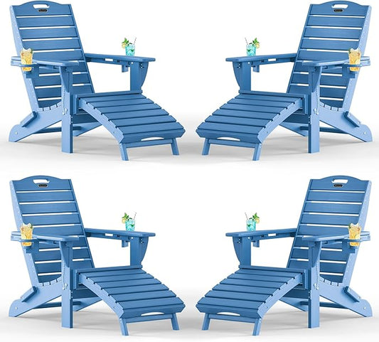 Adjustable Adirondack Chairs Set of 4 with Retractable Ottoman, HDPE Folding Adirondack Chair with Cup Holders, Weather Resistant for Backyard, Poolside & Fire Pit(Navy Blue)