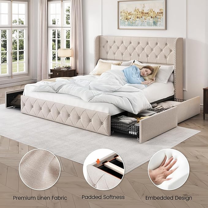 LARMACE King Size Bed Frame with 4 Storage Drawers and 47.2" Tall Tufted Headboard Linen Upholstered Platform Bed Frame Wingback Beds with Wooden Slats Support, Easy Assembly, Beige