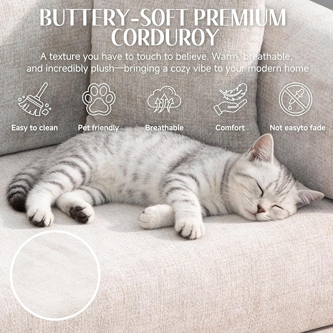 78.8" Convertible Sofa Bed with Detachable Arm Pillow, 6-in-1 Sectional Couches for Living Room, Corduroy Boneless Couch, Sleeper Loveseat Couch Bed, No Assembly, Light Camel Couch