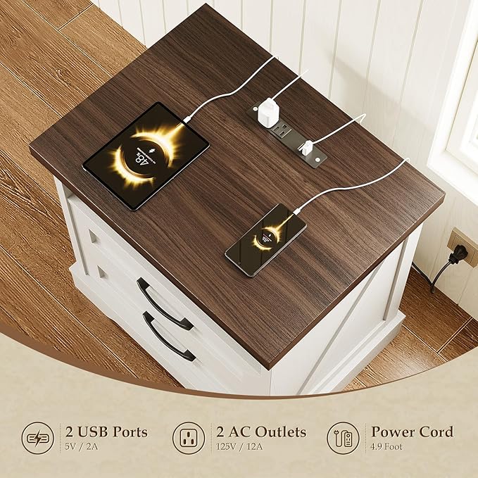AODK 24 Inch Farmhouse Nightstand Set of 2, Bedside Tables with Charging Station, Wood End Tables with 2 Drawers and Open Shelf, Rustic Bed Side Table for Bedroom & Living Room, White & Dark Walnut