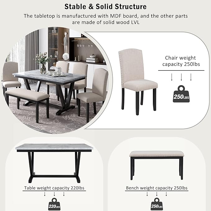 Harper & Bright Designs Modern Style 6-Piece Dining Table with 4 Chairs & 1 Bench, Table with Marbled Veneers Tabletop and V-Shaped Table Legs (White)