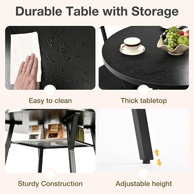Pamapic Round Dining Table Set for 4, Kitchen Table and Chairs for 4, Dining Room Circle Dinner Pedestal Table, Solid Metal Frame, Space Saving Wood Small Kitchen & Dining Room Furniture, Black