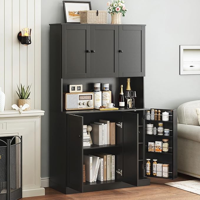 ONBRILL 71" Tall Kitchen Pantry Storage Cabinet with Microwave Stand & Door Shelf, Freestanding Kitchen Hutch with 6 Doors and Adjustable Shelves, Modern Food Pantry for Dining Room, Black