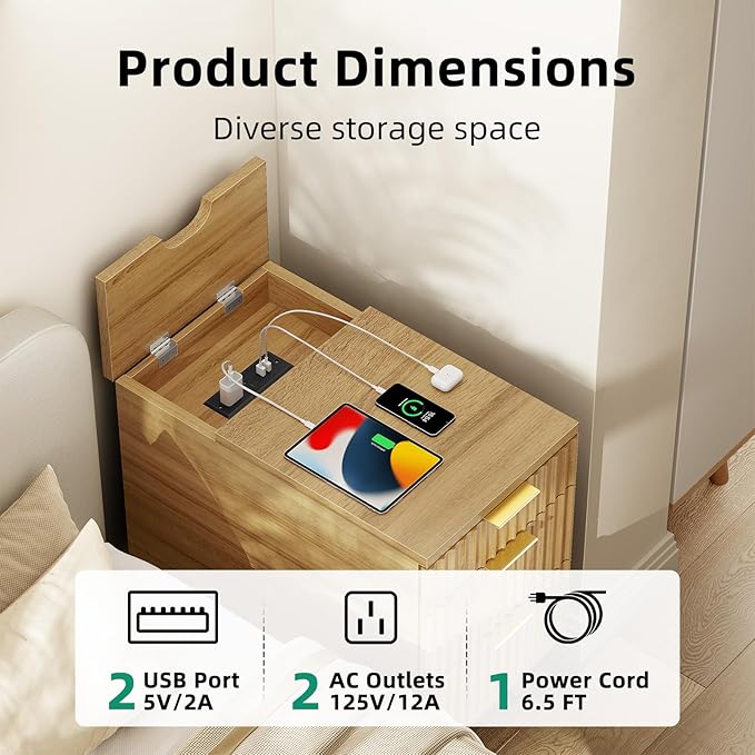 Kalrin Charging Nightstand with Hidden Outlets & 3 Drawers, Modern End Table, Bedside Table with USB Ports, Wave Groove Design, Compact Size, Heavy Duty Engineered Wood, Natural Wood Color