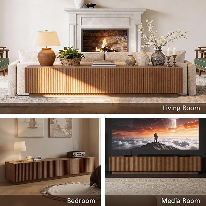 86.61" Mid-Century Modern TV Stand for TVs up to 85", Walnut Entertainment Console with Large Storage, Sturdy Media Cabinet for Living Room & Bedroom