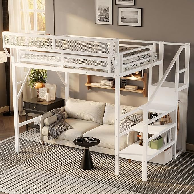 Twin XL Size Loft Bed with Stairs and Storage, Metal Loft Bed Frame with A Shelf and Large Under-Bed Space, Heavy-Duty Loft Beds for Kids Boys Girls Teens Bedroom Dorm, Convertible Staircase, White