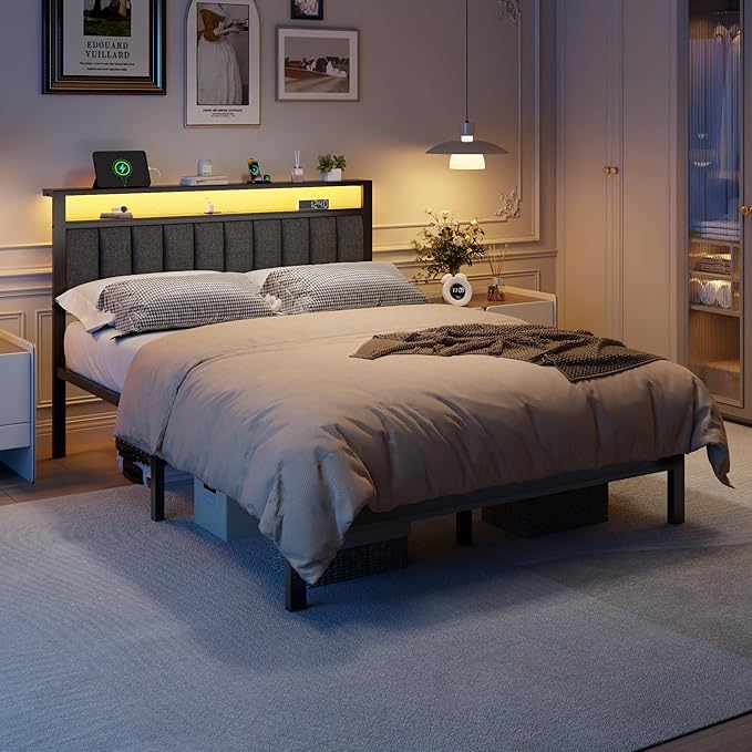 Furnulem Queen Size Bed Frame with Charging Station and LED Lights, Platform Bed with Metal Slats, Grey Upholstered Headboard with 2-Tier Storage Shelves, No Box Spring Needed