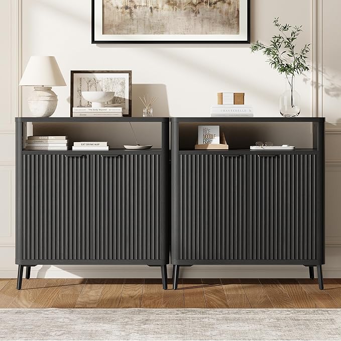 Fatmok Fluted Buffet Cabinet with Storage Set of 2, 31.4" Wide Wood Sideboard Credenza with 2 Doors & Open Storage Shelf, Modern Coffee Bar Table for Living Room Kitchen Dining Room,Black Grey