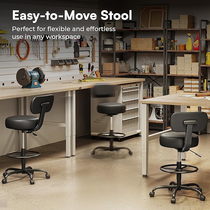SUPERJARE Drafting Chair with Back, Adjustable Foot Rest Rolling Stool, Multi-Purpose Office Desk Chair, Thick Seat Cushion for Home Bar Kitchen Shop - All Black