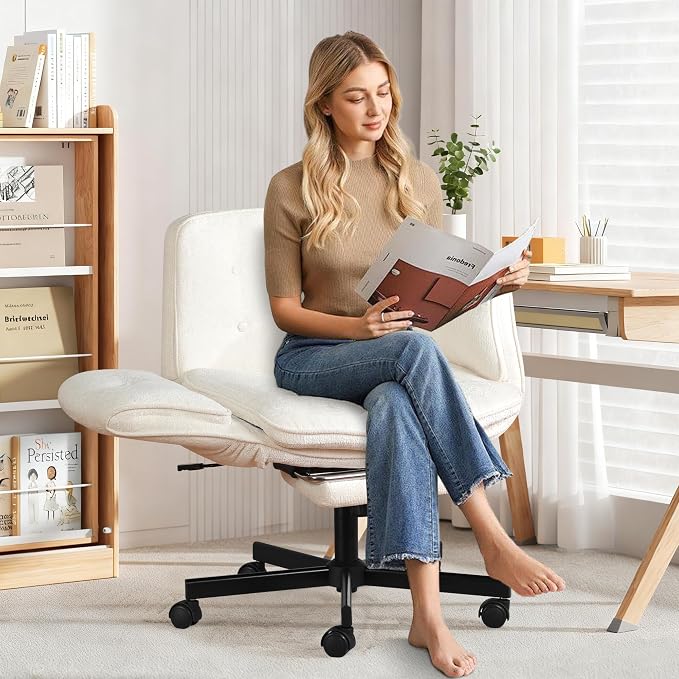 Criss Cross Chair with Footrest & 5 Level Folding Arms Full Relaxation, Wide Cross Legged Office Chair for Home Office, Comfy Swivel Desk Chair with Ottoman, Chenille Vanity Chair (White)