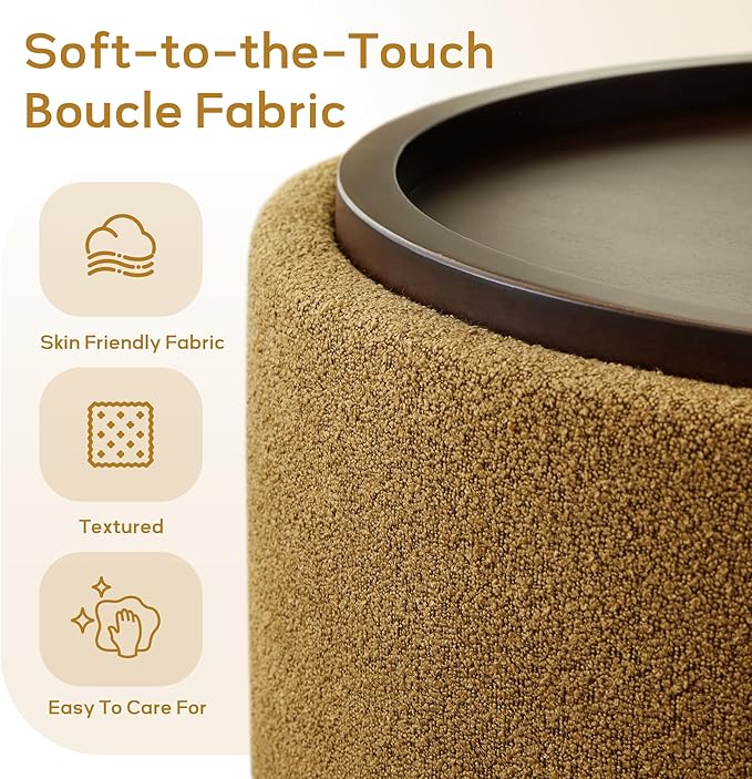 Zihanhome 30 Inch Round Storage Ottoman, Ottoman Coffee Table with Lift Off Lid, Boucle Modern Ottomans with Storage for Living Room, Bedroom, Apartments (Yellow)