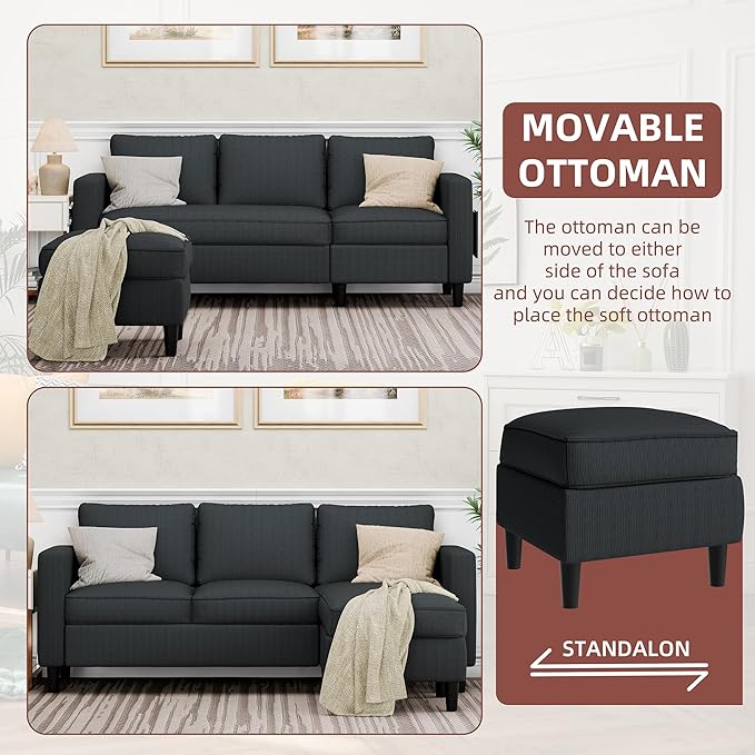 Nuturelly Convertible Sectional Sofa Couch with Movable Ottoman, 3-Seater Modern L-Shaped Sofa for Small Spaces, Soft Fabric Couch for Living Room, Small Apartment & Office(Gray)