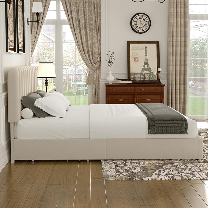 VECELO King Size Upholstered Bed Frame with 4 Drawers and Headboard, Velvet Platform Storage Bedframe, Wooden Slats Support, No Box Spring Needed,Bone Beige