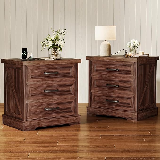 AODK Farmhouse Nightstands Set of 2, 24 Inch Bedside Tables with Charging Station, End Tables with Three Drawers, Bed Side Tables with Outlet and USB for Bedroom & Living Room, Dark Walnut