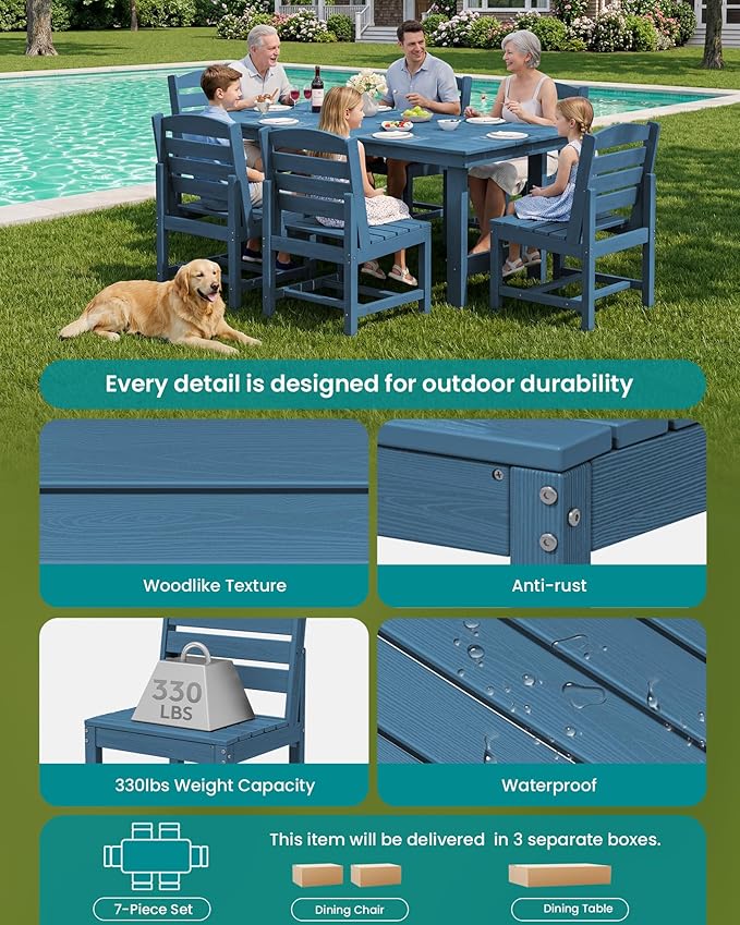 SERWALL Patio Dining Sets for 6 Person, HDPE Dining Set with 6 Armless Chairs, Blue