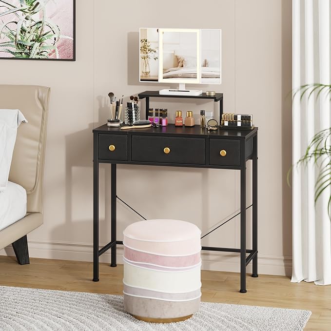 HIGDBFE Small Makeup Vanity Desk 27.5''W with Mirror and Lights, Vanity Desk with 3 Fabric Drawers and Height-Adjustable Stand, Vanity Table for Girls Gifts, Bedroom and Small Spaces, Black