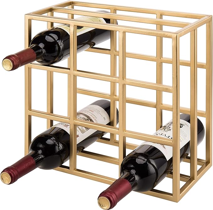 MyGif Gold Wine Rack for 9 Bottles, Modern Tabletop Freestanding Wine Holder, Horizontal Storage for Kitchen, Bar & Dining Room, Rustic Industrial Decor