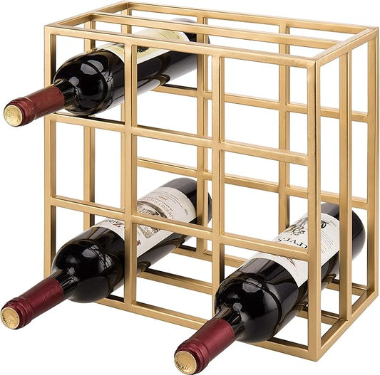 MyGif Gold Wine Rack for 9 Bottles, Modern Tabletop Freestanding Wine Holder, Horizontal Storage for Kitchen, Bar & Dining Room, Rustic Industrial Decor