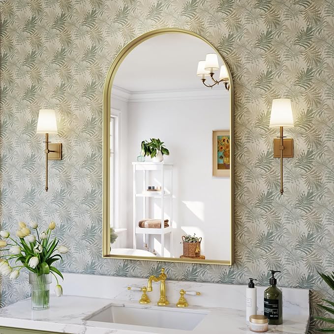 Brightify Gold Arched Mirror, 24 x 42 Inch Arched Bathroom Mirror, Brass Metal Frame Bathroom Mirror, Arch Top Wall Vanity Mirrors for Living Room Bedroom Mantel Entryway Hallways