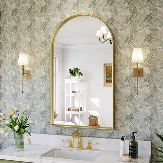 Brightify Gold Arched Mirror, 24 x 42 Inch Arched Bathroom Mirror, Brass Metal Frame Bathroom Mirror, Arch Top Wall Vanity Mirrors for Living Room Bedroom Mantel Entryway Hallways