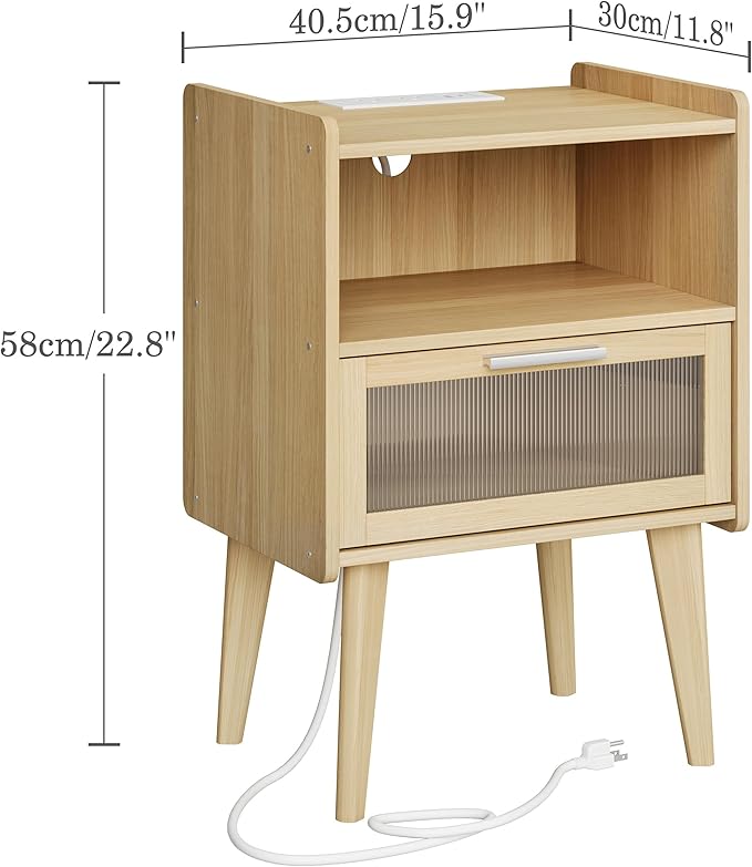 MMEOLUOOK Nightstand with Charging Station, Bedside Tables with Glass Decorative Door, Natural End Table, Side Table with 2 Tiers Storage Space for Bedroom Living Room CAMLBZ07YE