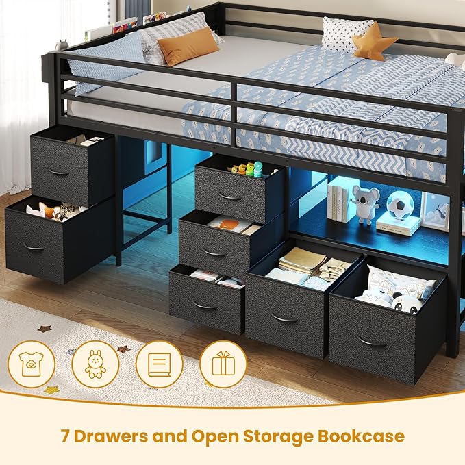 ADORNEVE Low Loft Bed Full Size with 7 Storage Drawers, Bookcase and LED Lights, Metal Kids Loft Bed with 14" H Safety Guardrail,Inclined Ladder and Play Curtain, Under-Bed Play Space, Black