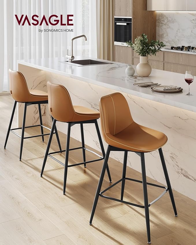 VASAGLE Bar Stools Set of 4, Counter Height Bar Stools with Back, Ergonomic Backrest, Synthetic Leather, Metal Legs, 24.8-Inch Tall Barstools for Kitchen Island Home Bar, Easy Assembly, Caramel Brown
