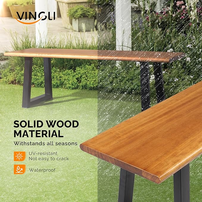 VINGLI Outdoor Bench with Metal Legs Rustic, Wood Dining Bench Indoor Outdoor Porch Bench for Yard Garden Dining (57in)