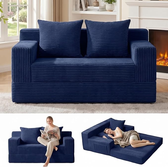 Erament Boneless Loveseat Convertible Sofa Bed, Folding Floor Futon Sleeper Sofa Couch Bed- Boneless Foldable Couch, Corduroy Pull Out Sofa Bed with 2 Pillows for Living Room & Bedroom