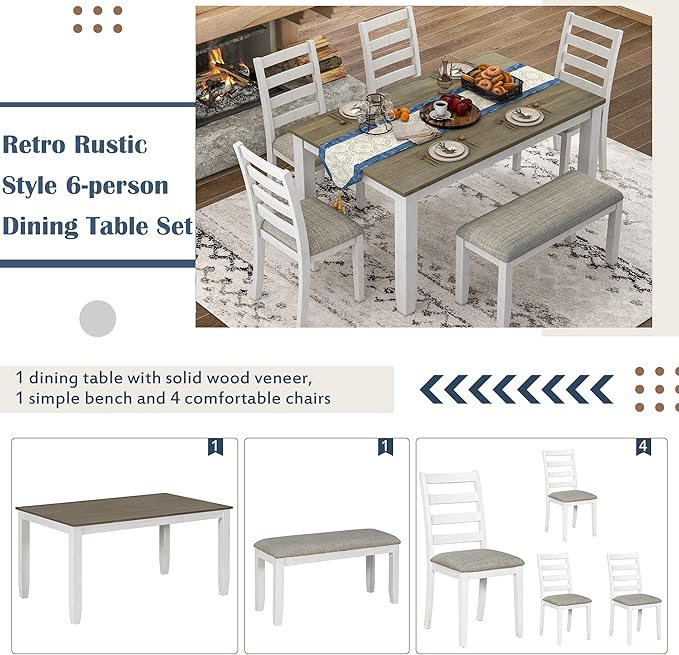 Harper & Bright Designs Rustic Style 6-Piece Dining Room Table Set with 4 Upholstered Chairs & a Bench (Brown + Whitewash)