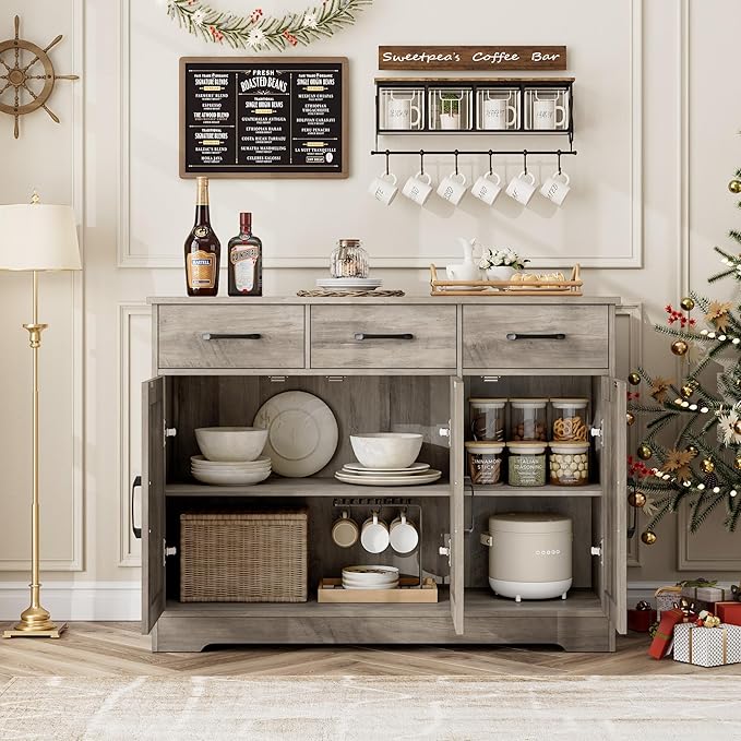 HOSTACK Modern Farmhouse Buffet Sideboard Cabinet, Barn Doors Storage Cabinet with Drawers and Shelves, Wood Coffee Bar with Storage for Dining Room, Kitchen, Living Room, Ash Grey