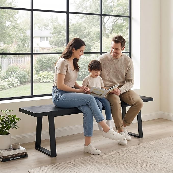 HNY 60" Entryway Bench Black Wood Dining Bench Bedroom Bench Modern Minimalist Long Slatted Bench for Living Room Hallway, Sturdy Solid Wood with Black Metal Leg Seating for 4-6 People