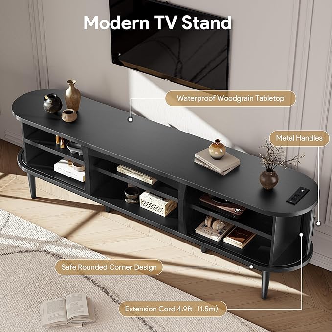 Decofy Mid Century TV Stand for TVs up to 90 Inches, Entertainment Center with Storage, Power Outlet, Fluted Sliding Doors & Adjustable Shelves, Modern Media TV Console Table for Living Room (Black)