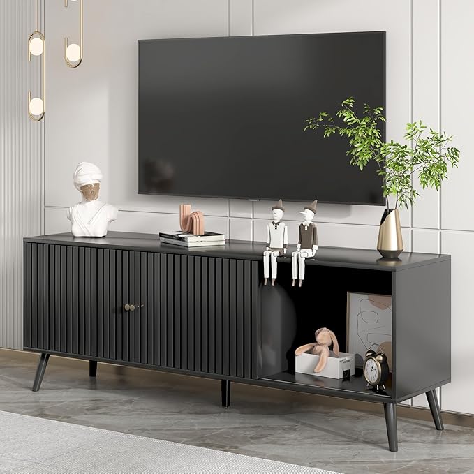 Oubayajia Mid Century Modern TV Stand for Televisions up to 70 Inches, with Sliding Doors and Storage, Television Stands, TV Consoles, Media Consoles for Living Room, 63 Inch (Black)
