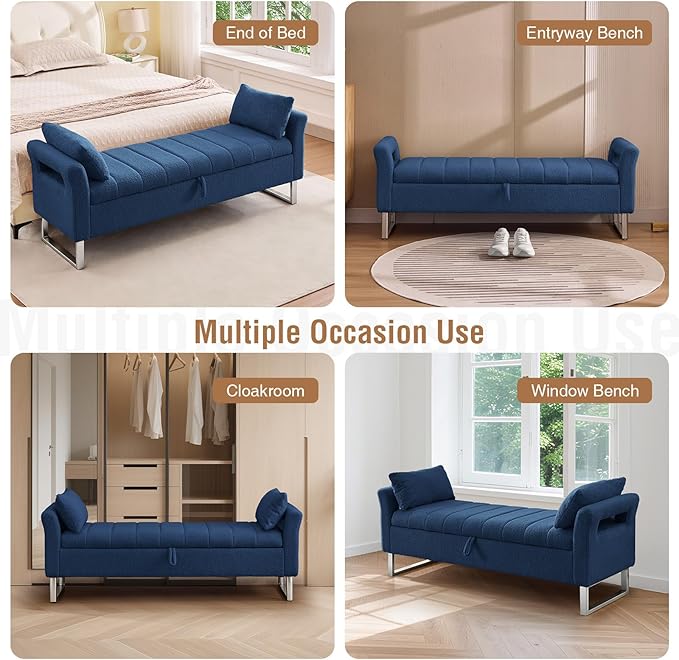 66'' End of Bed Bench with Storage for Bedroom King Size, Long Bedroom Benches for Foot of Bed King, Teddy Storage Bed Bench with Armrest & 2 Pillows for Entryway, Navy Blue
