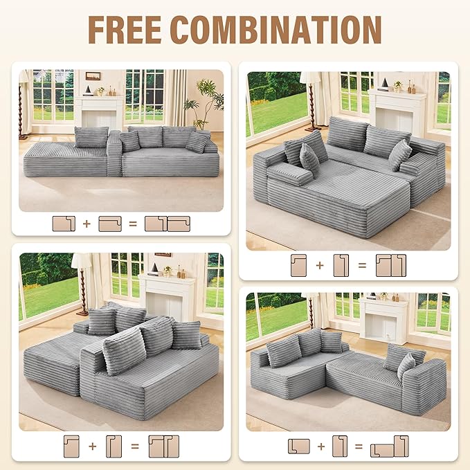 Hobestluk Modular Sectional Sofa Boneless Couch L-Shape Couch 3 Seat Modular Couch Memory Foam Sectional Couches for Living Room Furniture, Cloud Couch with Oversized Chaise (108" Left Facing Chaise)