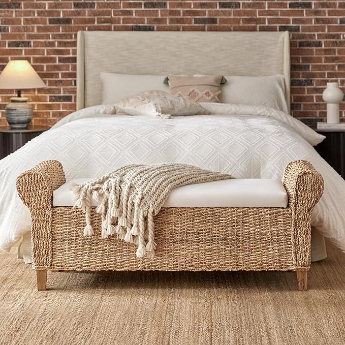 HULALA HOME Rattan Storage Bench with Rolled Armrests, Boho Wicker End of Bed Bench for Bedroom Entryway Living Room, Water Hyacinth Frame, Natural