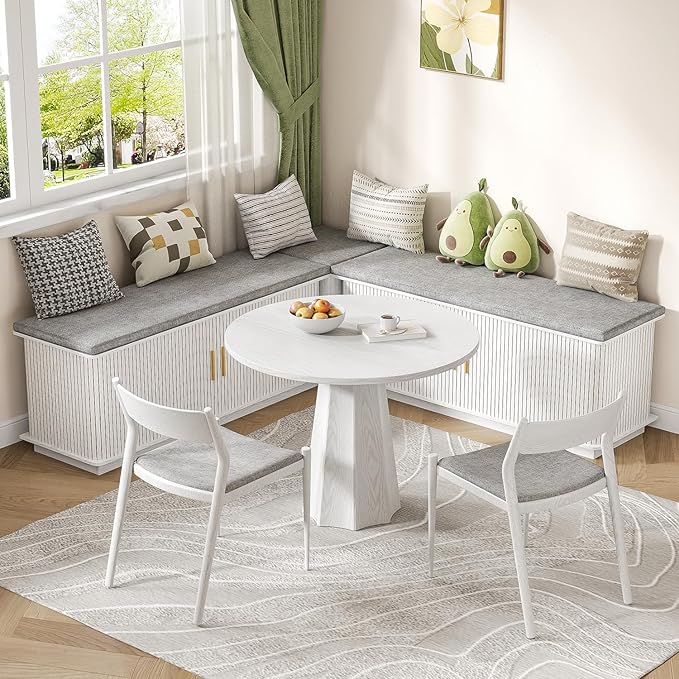 L-Shape Storage Bench with Cushion, Corner Dining Bench with Hidden Storage, Breakfast Nook Bench for Dining Room, Kitchen, Entryway, Cloakroom, White