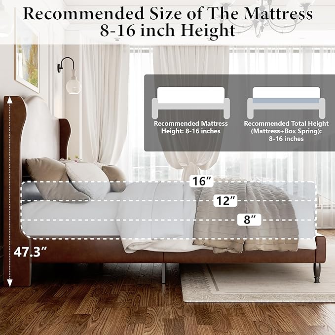 Full Upholstered Bed Frame with Tall Headboard, Leather Platform Bed Frame with Wingback Sides, Wood Slats Support, Noise-Free Design, No Box Spring Required, Easy Assembly, Dark Brown